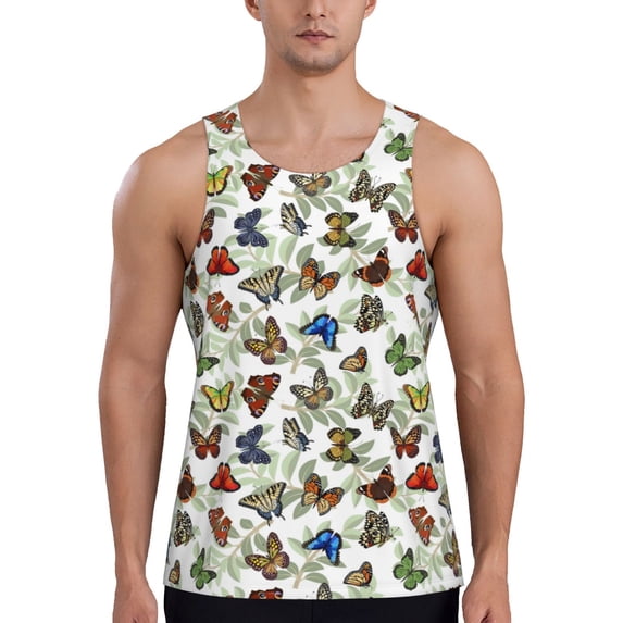 Fotbe Multicolored Butterflies Pattern Men's Quick Dry Workout Tank Top Gym Muscle Tee Fitness Bodybuilding Sleeveless T Shirt Breathable Workout Shirt-Large