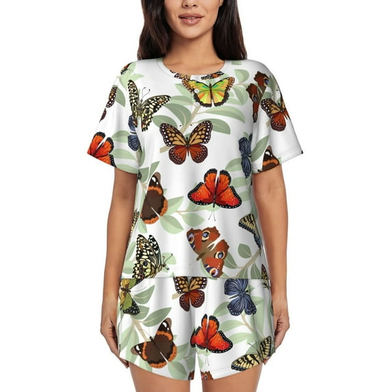 Fotbe Multicolored Butterflies Print Pajama Set for Women 2 Piece Loungewear Short Sleeve Tops and Shorts Set Soft Sleepwear-3X-Large