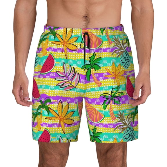 Fotbe Multicolored Tropical Men’s Swim Trunks Quick Dry Swim Shorts Board Shorts with Mesh Lining-Small