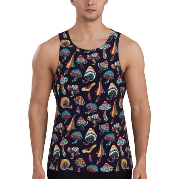 Fotbe Mushroom Doodle Pattern Men's Quick Dry Workout Tank Top Gym Muscle Tee Fitness Bodybuilding Sleeveless T Shirt Breathable Workout Shirt-Large