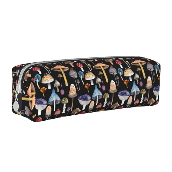 Fotbe Mushrooms and Autumn Leaves Pattern Leather Pencil Case, Pencil Pouch with Durable Zipper, Compact and Stylish Organizer for Stationery, Art Supplies, Travel Essentials