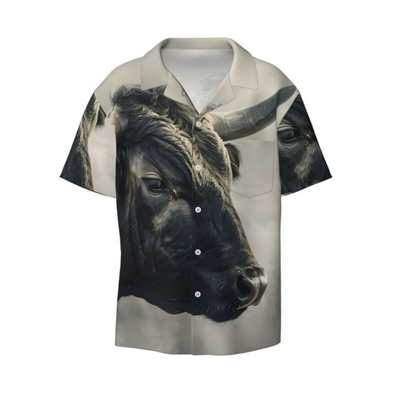 Fotbe Mystical Bull in Fog print Short Sleeve Button Down Shirts for Men Casual Summer Beach Wrinkle Free Shirt-3X-Large