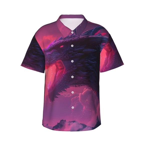 Fotbe Mystical Dragon Under Moon Hawaiian Shirt for Men Unisex Summer Beach Casual Short Sleeve Cotton Linen Button Down Shirts-3X-Large