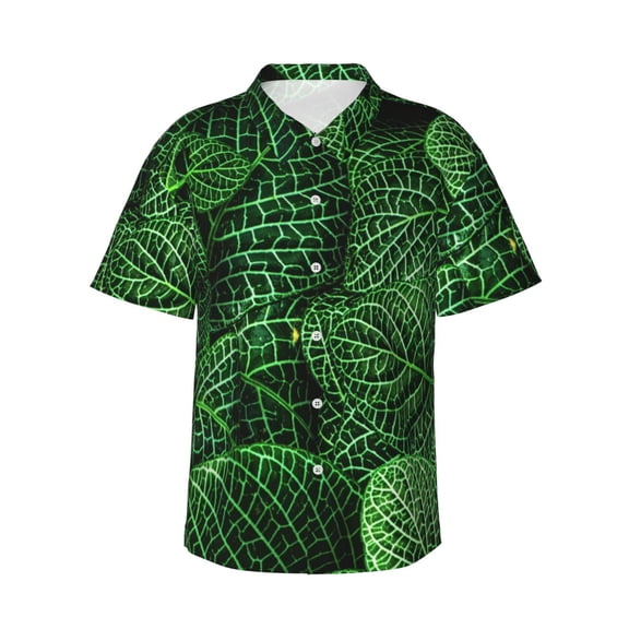 Fotbe Natural Green Leaves Hawaiian Shirt for Men Unisex Summer Beach Casual Short Sleeve Cotton Linen Button Down Shirts-Large