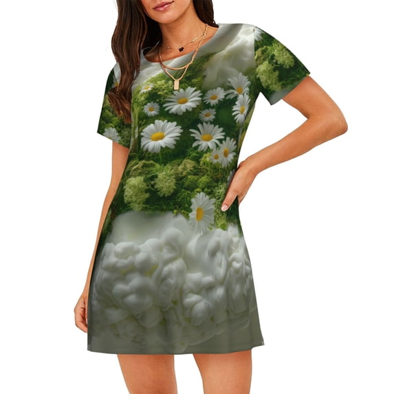 Fotbe Nature Hand Daisies Art Pattern Women's Cotton Nightgown Sleepwear Short Sleeves Shirt Casual Print Sleepdress