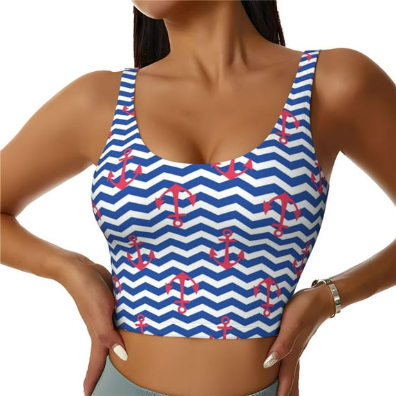 Fotbe Nautical Anchors Pattern Womens' Sports Bra Longline Wirefree Padded with Medium Support Sports Moisture-Wicking Workou Vest,Tank Top-