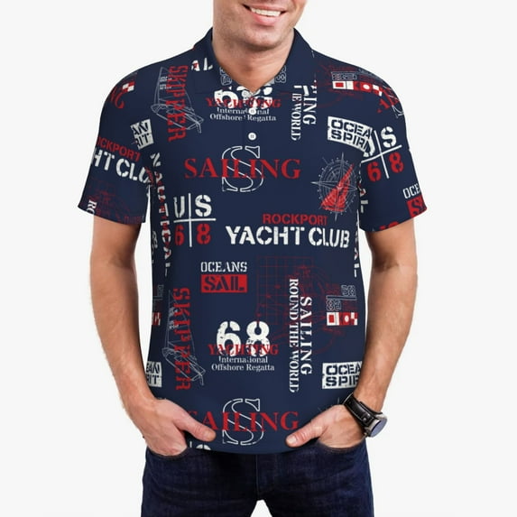 Fotbe Nautical Style Sailboat Pattern Men’s Golf Polo Shirt – Breathable Performance Golf Shirt with Button-Down Collar-Large