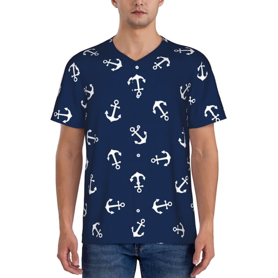 Fotbe Nautical Themed Simple Anchors Baseball Jersey Shirt for Men and Women, Casual Short Sleeves Button Down T-Shirt-4X-Large