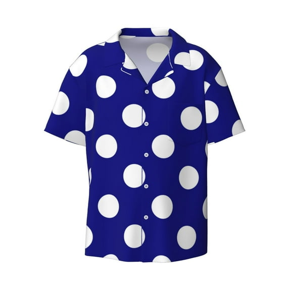 Fotbe Navy And White Polka Dot print Short Sleeve Button Down Shirts for Men Casual Summer Beach Wrinkle Free Shirt-Large