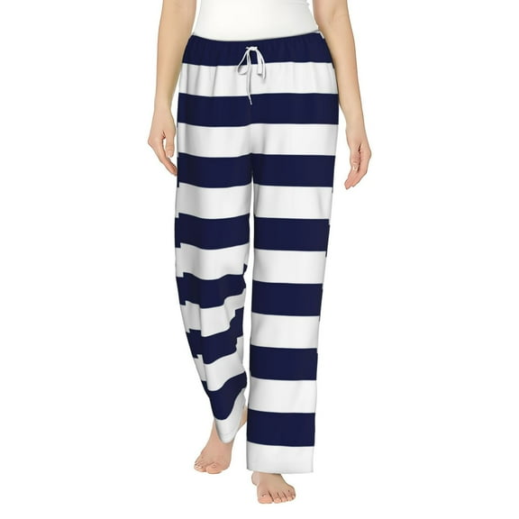 Fotbe Navy Blue And White Stripes Women's Pajama Pants,Sleepwear Pants,Pj Bottoms Drawstring And Pockets-Small
