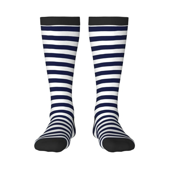 Fotbe Navy Blue And White Stripes print Women's Men's Novelty Crew Socks Cotton Socks Knee High Socks for Walking,Running,Nurses,Pregnancy