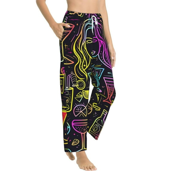 Fotbe Neon Bar Drinks Women's Pajama Pants,Sleepwear Pants,Pj Bottoms Drawstring And Pockets-XX-Large
