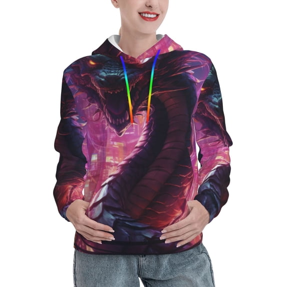 Fotbe Neon Futuristic Dragon Pattern Womens Long Sleeve Hoodie, Pullover Hooded Sweatshirt, Kangaroo Pocket Hoodie with Eye-catching Drawstrings-Medium