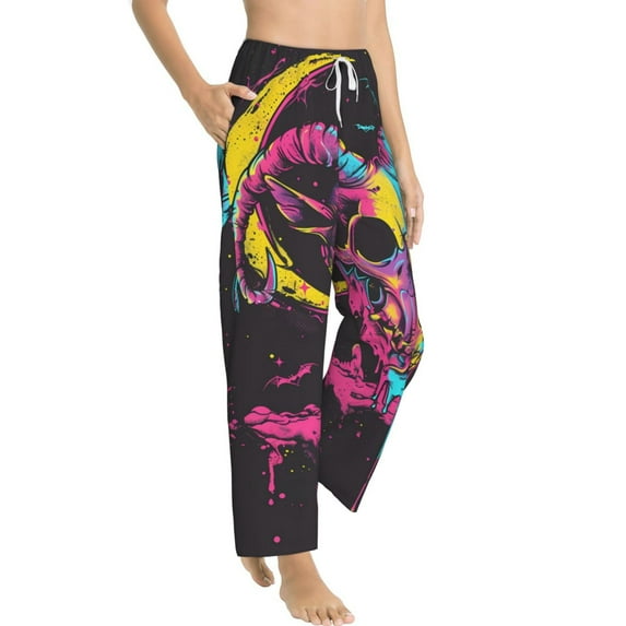 Fotbe Neon Gothic Skull Moon Women's Pajama Pants,Sleepwear Pants,Pj Bottoms Drawstring And Pockets-Medium