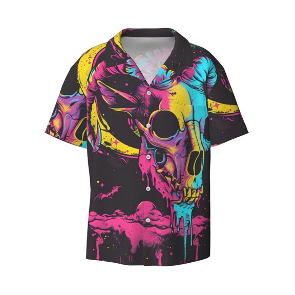 Fotbe Neon Gothic Skull Moon print Short Sleeve Button Down Shirts for Men Casual Summer Beach Wrinkle Free Shirt-XX-Large