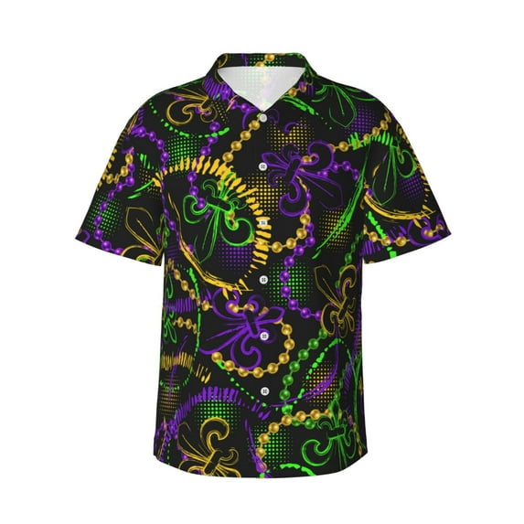 Fotbe Neon Mardi Gras Hawaiian Shirt For Men Unisex Summer Beach Casual Short Sleeve Cotton Linen Button Down Shirts-X-Large