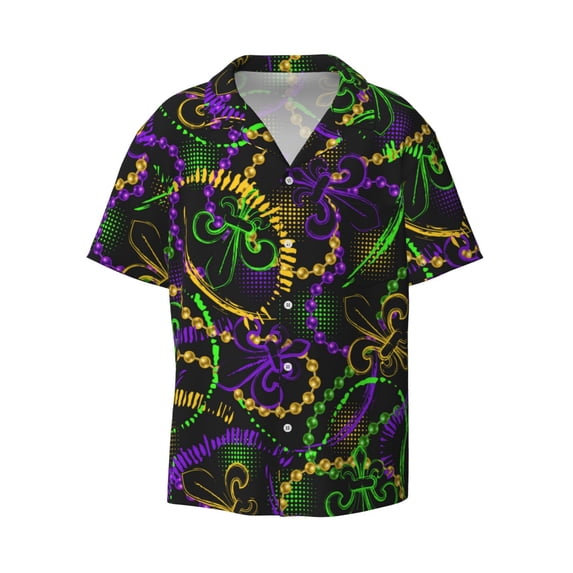 Fotbe Neon Mardi Gras print Short Sleeve Button Down Shirts for Men Casual Summer Beach Wrinkle Free Shirt-3X-Large