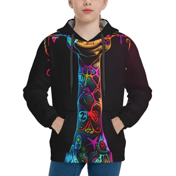 Fotbe Neon Psychedelic Giraffe Pattern Youth Pullover Hooded Sweatshirt, Boys Hoodie, Kangaroo Pocket Hoodie for Kids Girls -Large