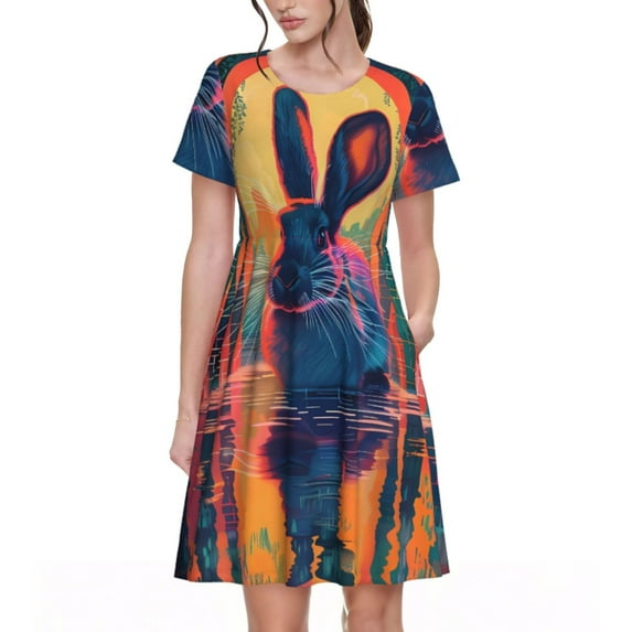 Fotbe Neon Rabbit In Archway Pattern Dress Casual Womens Fashion Short Sleeve Maxi Dress T Shirt Dress Striped Long Color Block Maxi Dress