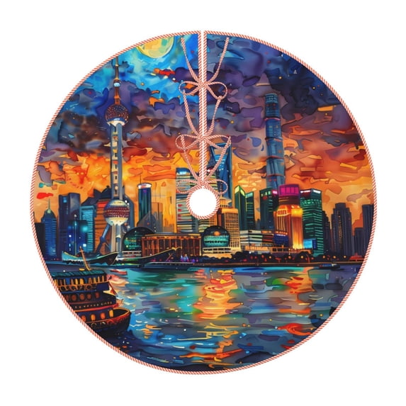Fotbe Neon Shanghai Cityscape Night Pattern Christmas Tree Skirt, Tree Skirts Plush Christmas Decorations, Christmas Tree Skirts Xmas Decorations Holiday Party Decor-36"