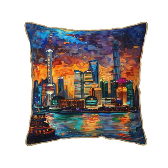 Fotbe Neon Shanghai Cityscape Night Pattern Velvet Decorative Throw Pillow Covers with Elegant Piping, Soft Plush Cushion Cover for Sofa, Bed, Car, Office-20"x20"