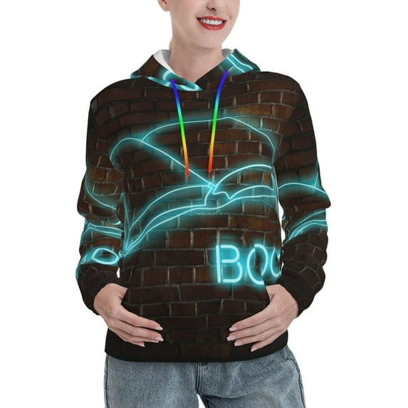 Fotbe Neon Sign For Books Pattern Womens Long Sleeve Hoodie, Pullover Hooded Sweatshirt, Kangaroo Pocket Hoodie with Eye-catching Drawstrings-Small