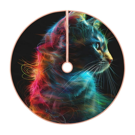 Fotbe Neon Spectrum Cat Portrait Pattern Christmas Tree Skirt, Tree Skirts Plush Christmas Decorations, Christmas Tree Skirts Xmas Decorations Holiday Party Decor-48"