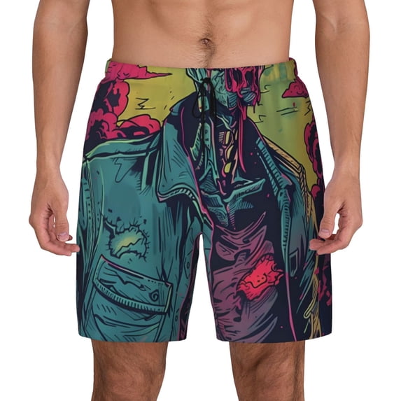 Fotbe Neon Zombie Skull Men’s Swim Trunks Quick Dry Swim Shorts Board Shorts with Mesh Lining-Large