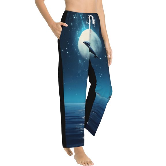 Fotbe Night Sky Moon Dolphin Women's Pajama Pants,Sleepwear Pants,Pj Bottoms Drawstring And Pockets-XX-Large