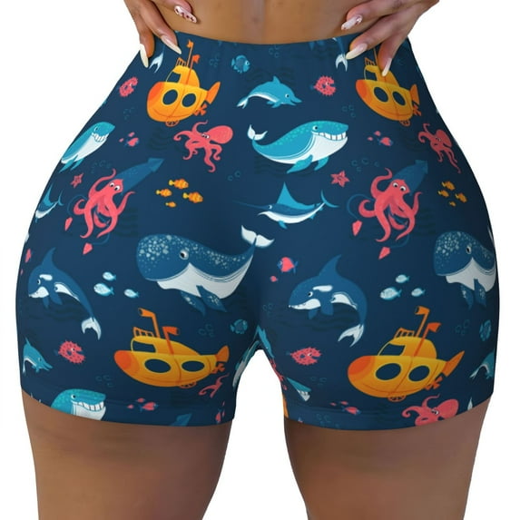 Fotbe Ocean Floor Animals Seamless Shorts, Womens Workout Shorts High Waist Stretch Booty Short for Gym/Yoga/Running/Biking-X-Large