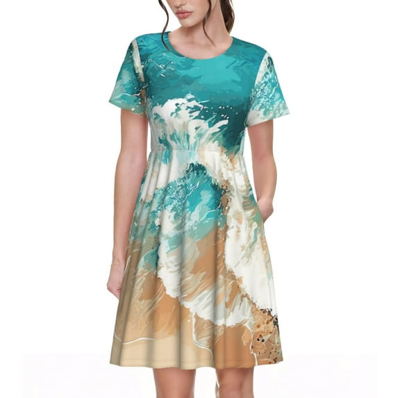 Fotbe Ocean Wave Crash Pattern Dress Casual Womens Fashion Short Sleeve Maxi Dress T Shirt Dress Striped Long Color Block Maxi Dress