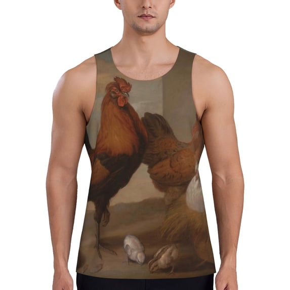 Fotbe Oil Painting Chicken And Duck Pattern Men's Quick Dry Workout Tank Top Gym Muscle Tee Fitness Bodybuilding Sleeveless T Shirt Breathable Workout Shirt-Small