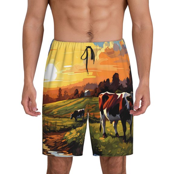 Fotbe Oil Painting Style Pasture Cow Pajama Shorts for Men, Men's Pajama Bottoms, Sleepwear,Short Pajama Pants-Small
