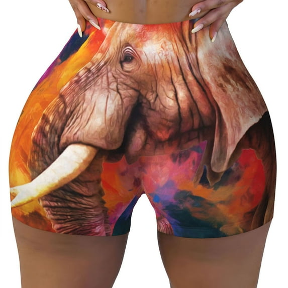 Fotbe Oil Paintings of Elephants Seamless Shorts, Womens Workout Shorts High Waist Stretch Booty Short for Gym/Yoga/Running/Biking-