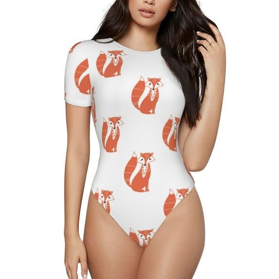 Fotbe Orange Fox Women's Crew Neck Short Sleeves Bodysuit Tops Round Neck Slim Sleeveless Soft Comfortable Basic-XX-Large