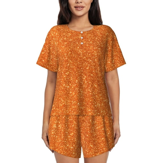 Fotbe Orange Glitter Print Pajama Set for Women 2 Piece Loungewear Short Sleeve Tops and Shorts Set Soft Sleepwear-Small