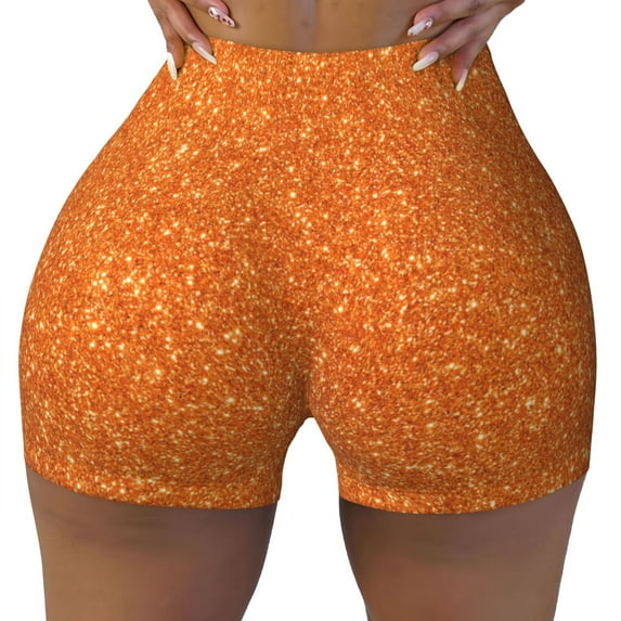 Fotbe Orange Glitter Seamless Shorts, Womens Workout Shorts High Waist Stretch Booty Short for Gym/Yoga/Running/Biking-XX-Large