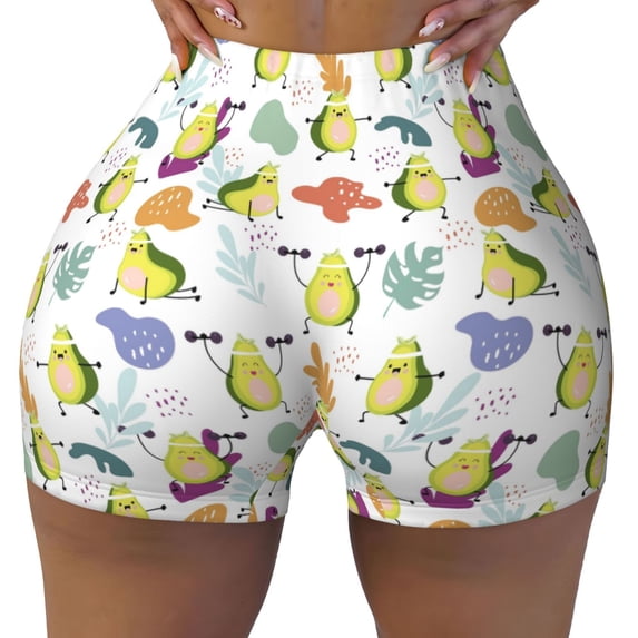 Fotbe Orange Green Avocado Seamless Shorts, Womens Workout Shorts High Waist Stretch Booty Short for Gym/Yoga/Running/Biking-Small
