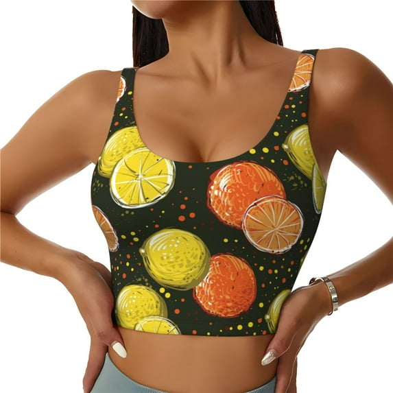 Fotbe Orange Lemon Pattern Womens' Sports Bra Longline Wirefree Padded with Medium Support Sports Moisture-Wicking Workou Vest,Tank Top-XX-Large