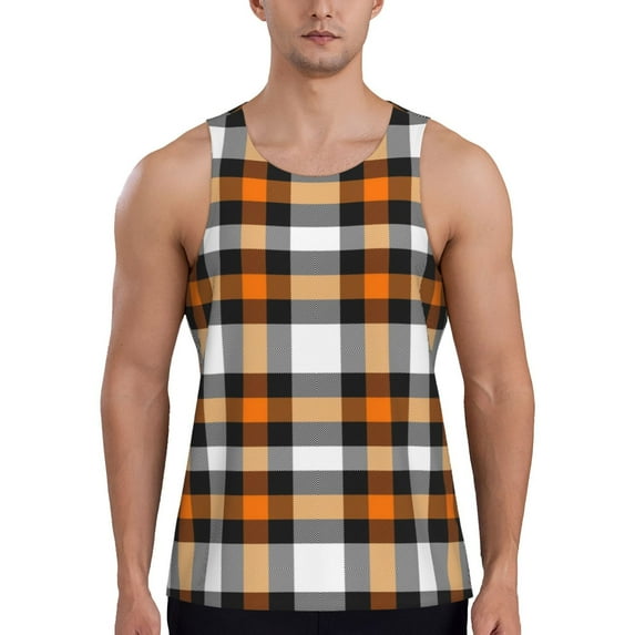 Fotbe Orange Plaid Pattern Men's Quick Dry Workout Tank Top Gym Muscle Tee Fitness Bodybuilding Sleeveless T Shirt Breathable Workout Shirt-X-Large