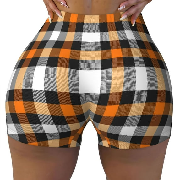 Fotbe Orange Plaid Seamless Shorts, Womens Workout Shorts High Waist Stretch Booty Short for Gym/Yoga/Running/Biking-XX-Large