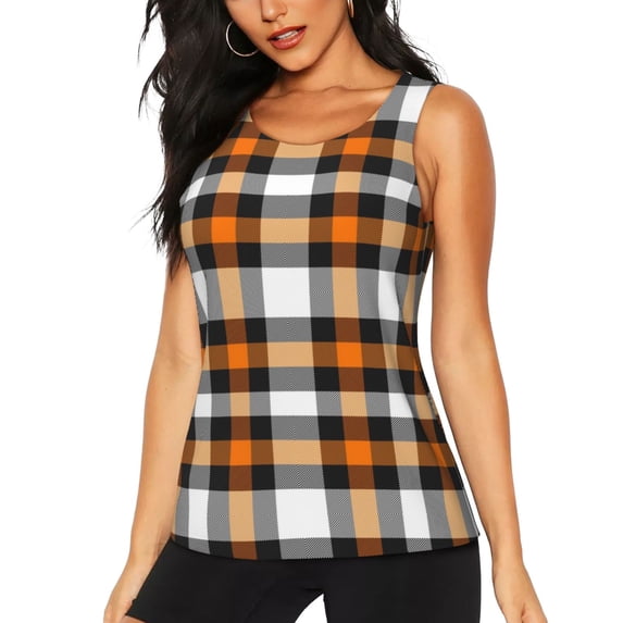 Fotbe Orange Plaid Womens Loose Fit Casual Flowy Slim-Fit Tank Tops Athletic Round Neck Trendy Sleeveless Summer Tops for Gym and Yoga-