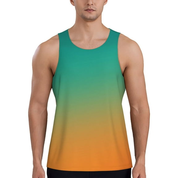 Fotbe Orange To Teal Gradient1 Pattern Men's Quick Dry Workout Tank Top Gym Muscle Tee Fitness Bodybuilding Sleeveless T Shirt Breathable Workout Shirt-X-Large