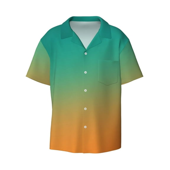 Fotbe Orange To Teal Gradient1 print Short Sleeve Button Down Shirts for Men Casual Summer Beach Wrinkle Free Shirt-Medium
