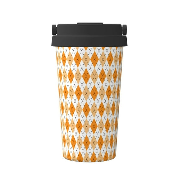 Fotbe Orange argyle Printed Insulated Travel Coffee Mug Spill Proof Leak Proof Stainless Steel Coffee Tumbler Reusable Coffee Cups with Lids Thermos