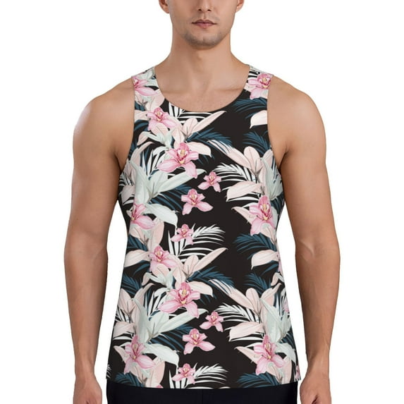 Fotbe Orchids Flowers Pattern Men's Quick Dry Workout Tank Top Gym Muscle Tee Fitness Bodybuilding Sleeveless T Shirt Breathable Workout Shirt-Large