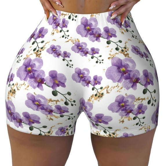 Fotbe Orchids Flowers Seamless Shorts, Womens Workout Shorts High Waist Stretch Booty Short for Gym/Yoga/Running/Biking-Large
