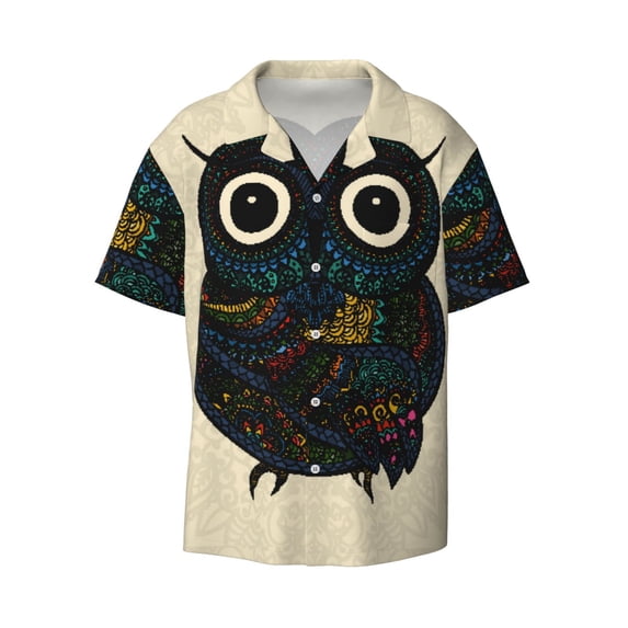 Fotbe Owl with Mandala print Short Sleeve Button Down Shirts for Men Casual Summer Beach Wrinkle Free Shirt-Small