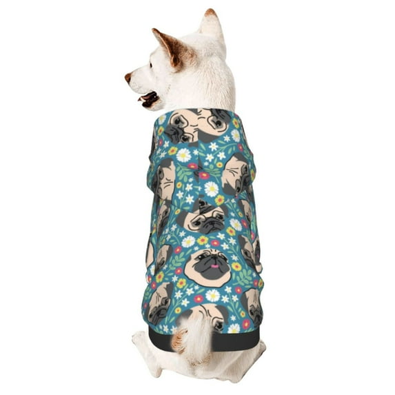Fotbe PUG HEAD And Flower Print Small Dog Sweater Hoodies Pet Grey Hooded Soft Fleece Sweatshirts with Pocket Fall Winter Puppy Cat Sweaters Warm Clothes-X-Large
