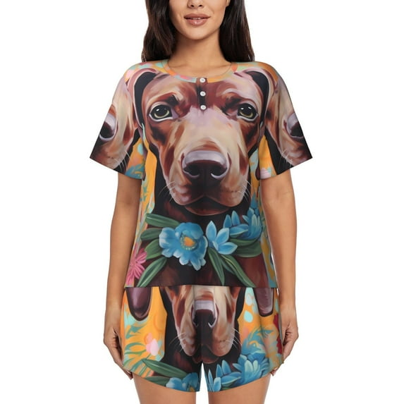 Fotbe Painted Flower Puppy Print Pajama Set for Women 2 Piece Loungewear Short Sleeve Tops and Shorts Set Soft Sleepwear-
